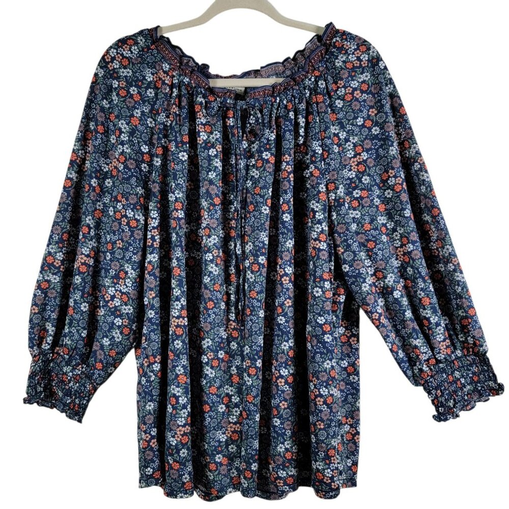 Max Studio Women Blue Floral Cottagecore Peasant Smocked Ruffle Front Tie Top 2X